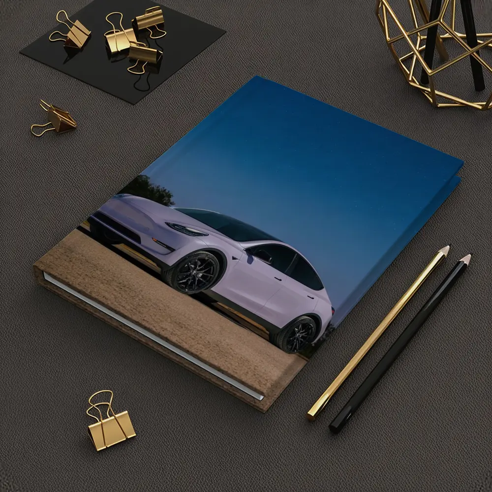 Tesla Model Y Under Deep Blue Night Sky – Notebooks