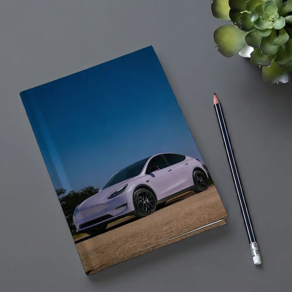 Tesla Model Y Under Deep Blue Night Sky – Notebooks