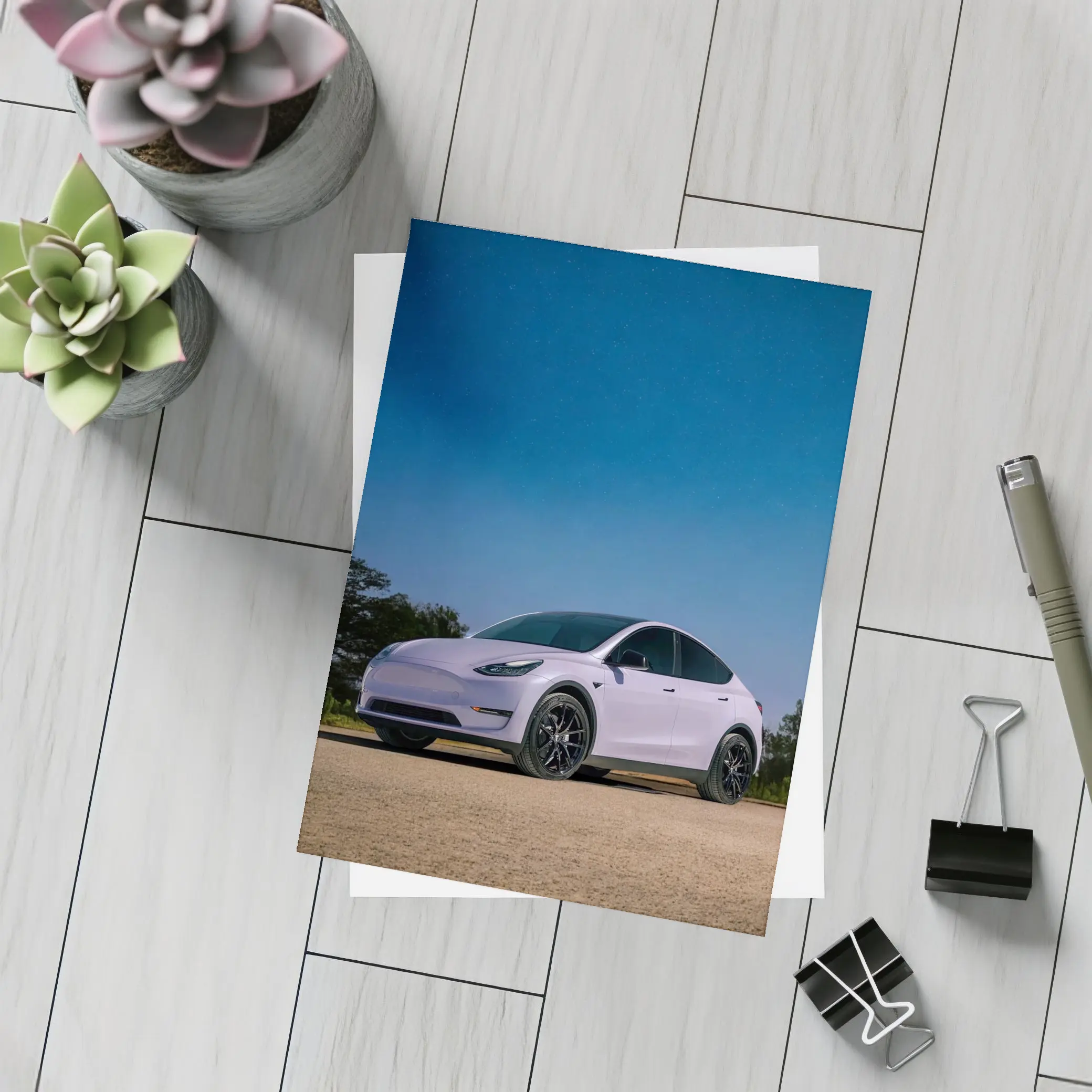 Tesla Model Y Under Deep Blue Night Sky – Postcards
