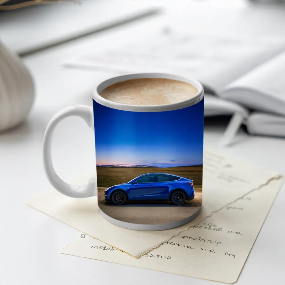 Tesla Model Y Blue Under Starry Night Sky – Mugs