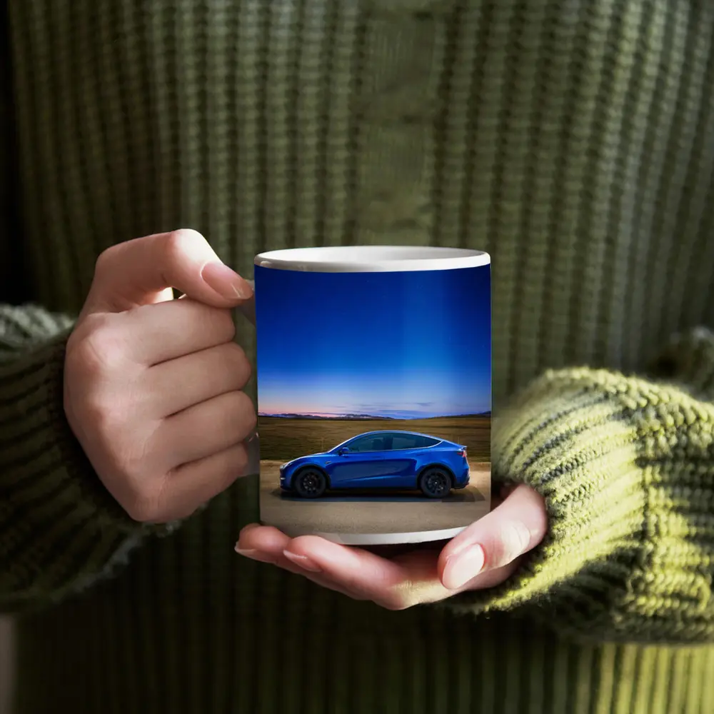 Tesla Model Y Blue Under Starry Night Sky – Mugs