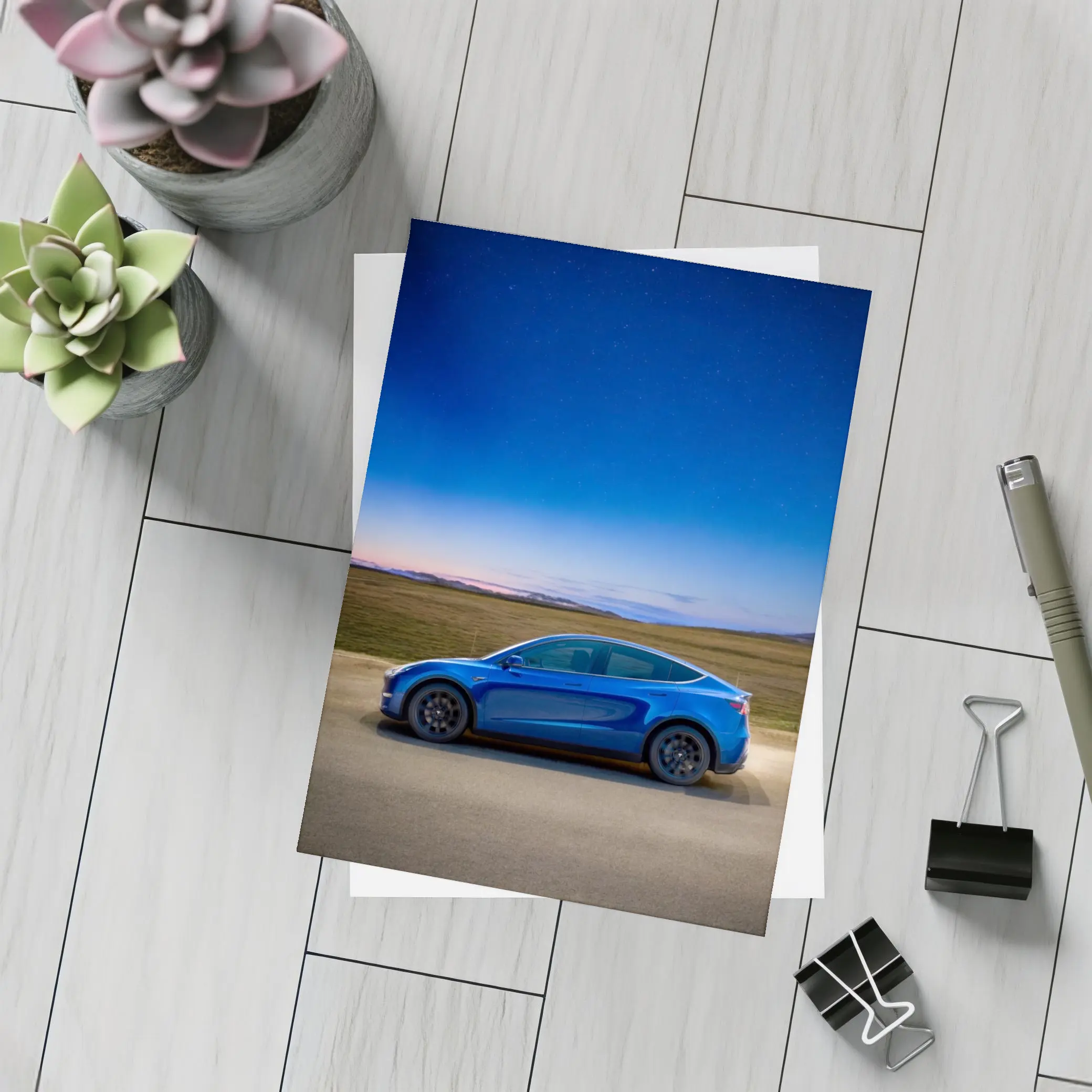 Tesla Model Y Blue Under Starry Night Sky – Postcards