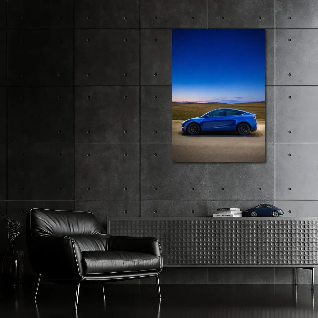 Tesla Model Y Blue Under Starry Night Sky – Wall Art