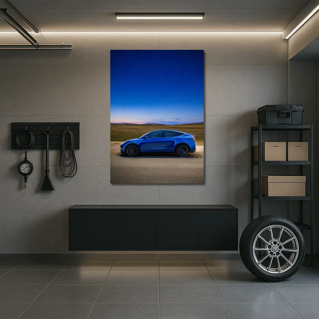 Tesla Model Y Blue Under Starry Night Sky – Wall Art