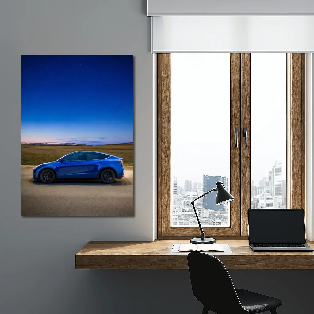 Tesla Model Y Blue Under Starry Night Sky – Wall Art