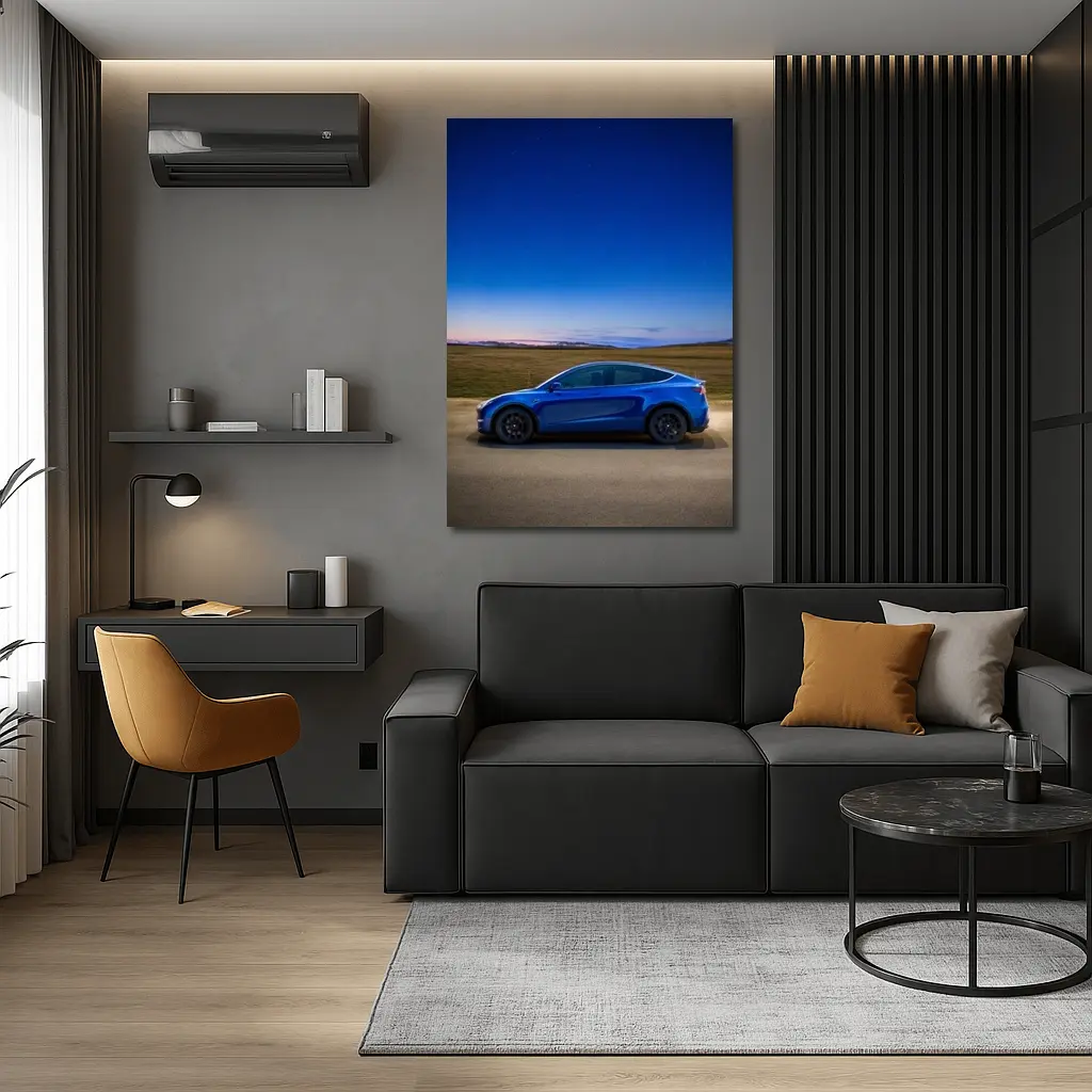 Tesla Model Y Blue Under Starry Night Sky – Wall Art