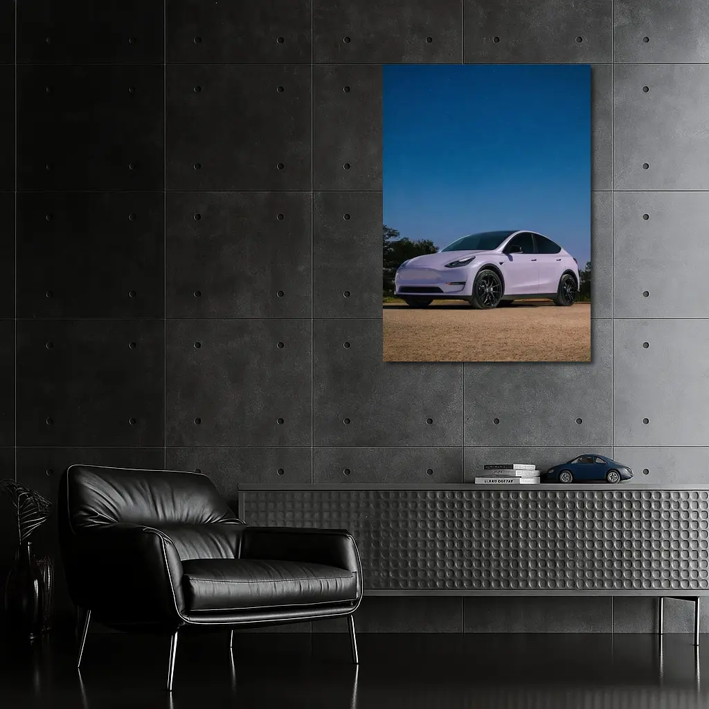 Tesla Model Y Under Deep Blue Night Sky – Wall Art