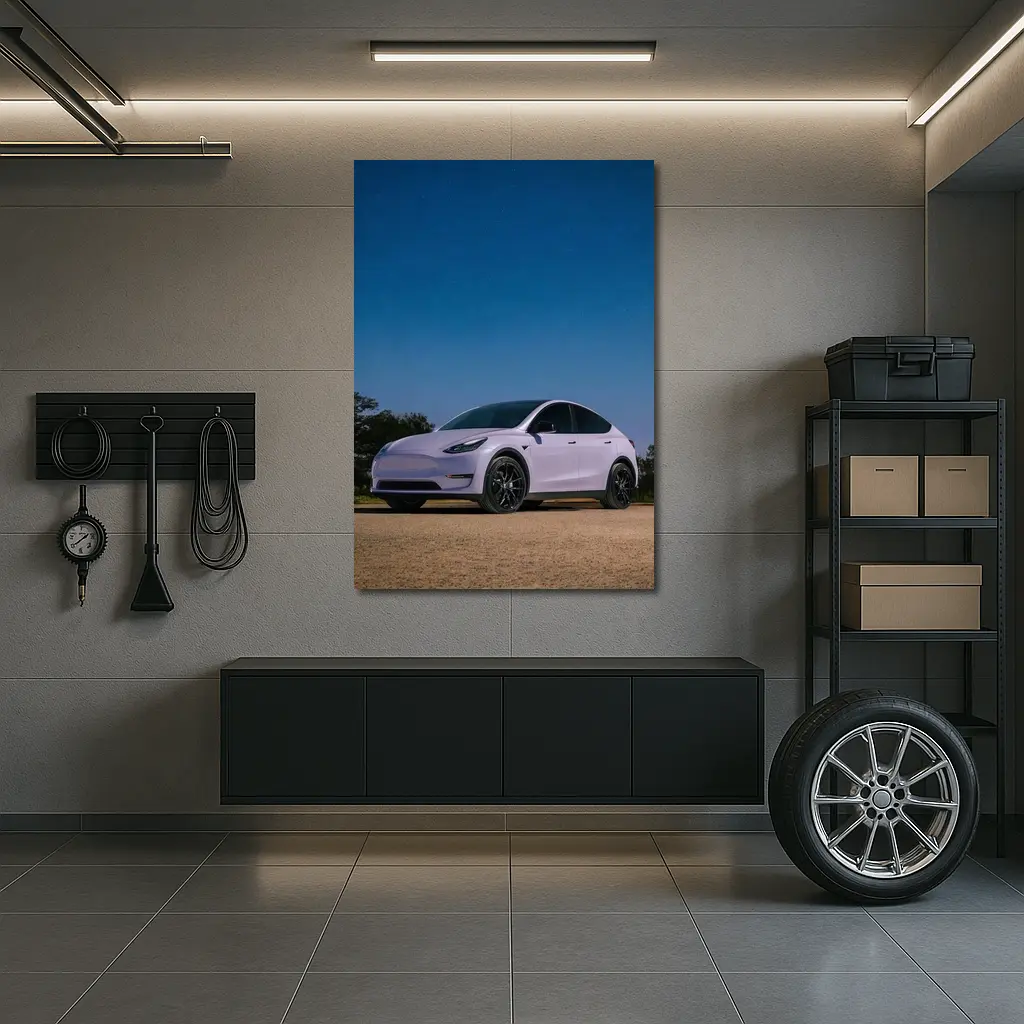 Tesla Model Y Under Deep Blue Night Sky – Wall Art