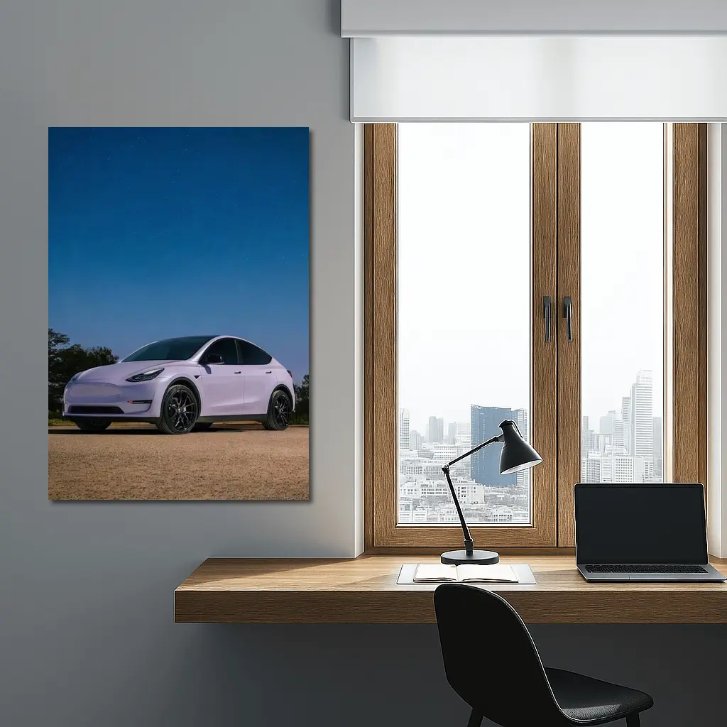 Tesla Model Y Under Deep Blue Night Sky – Wall Art
