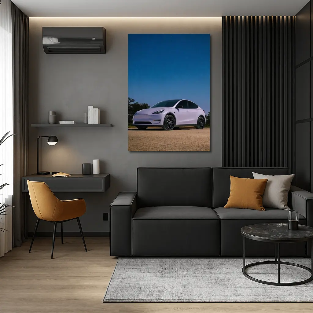 Tesla Model Y Under Deep Blue Night Sky – Wall Art