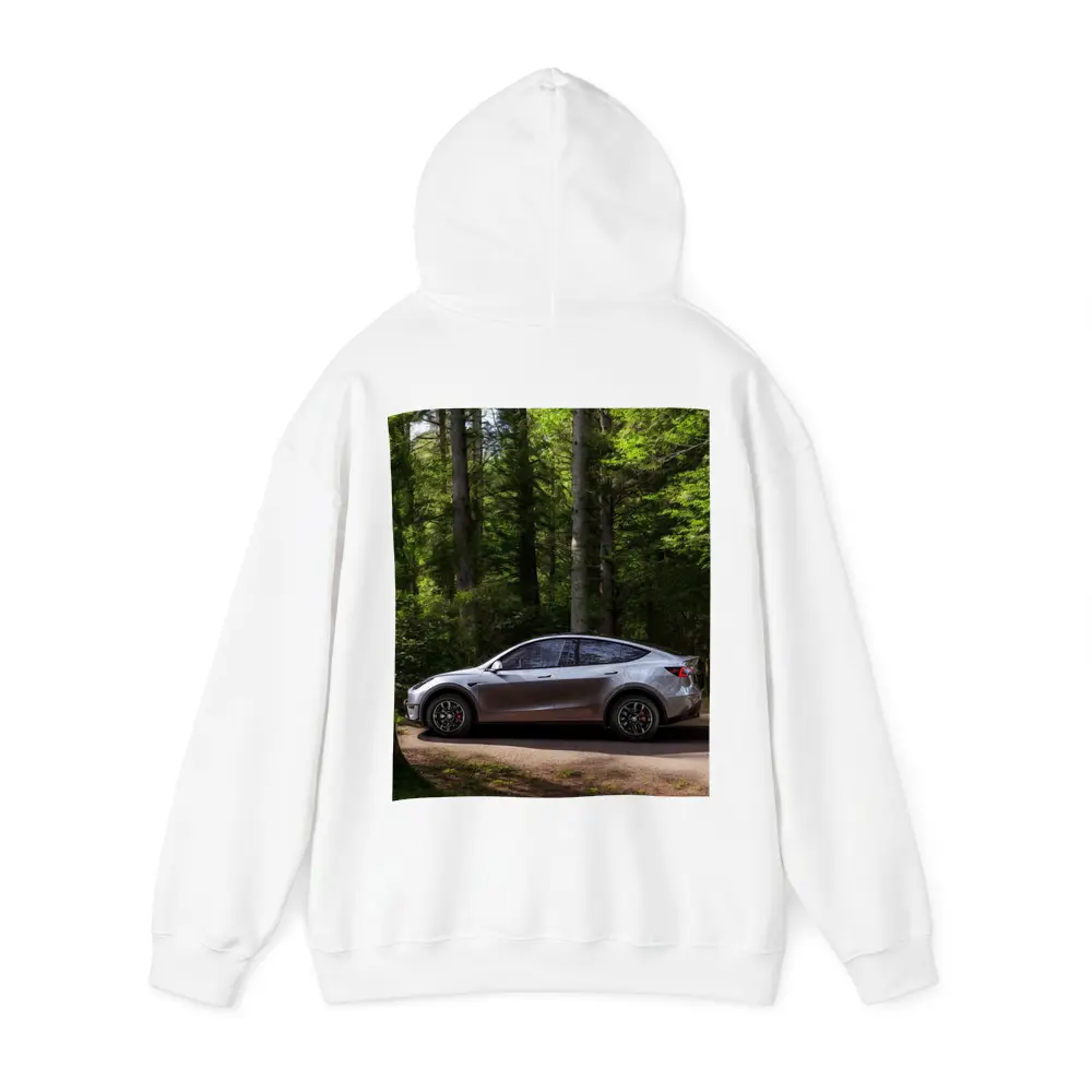 Tesla Model Y Silver Forest Road Side View – Hoodies