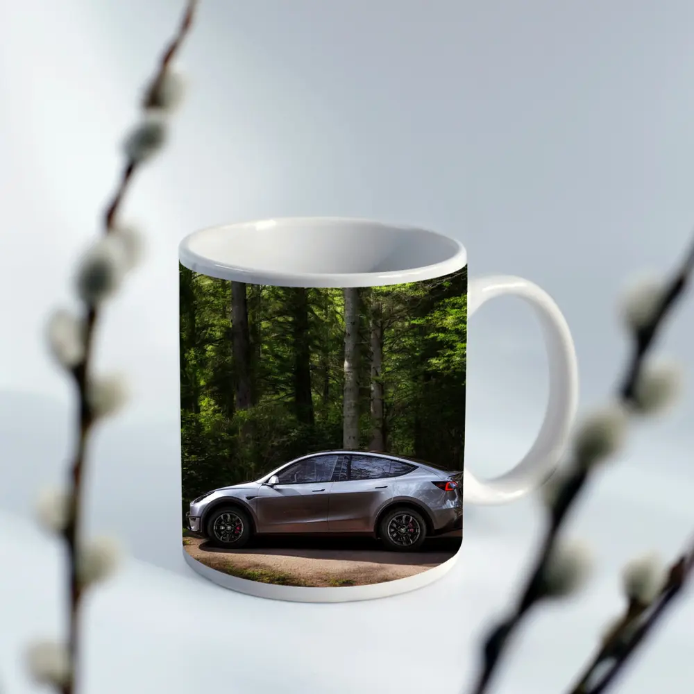 Tesla Model Y Silver Forest Road Side View – Mugs