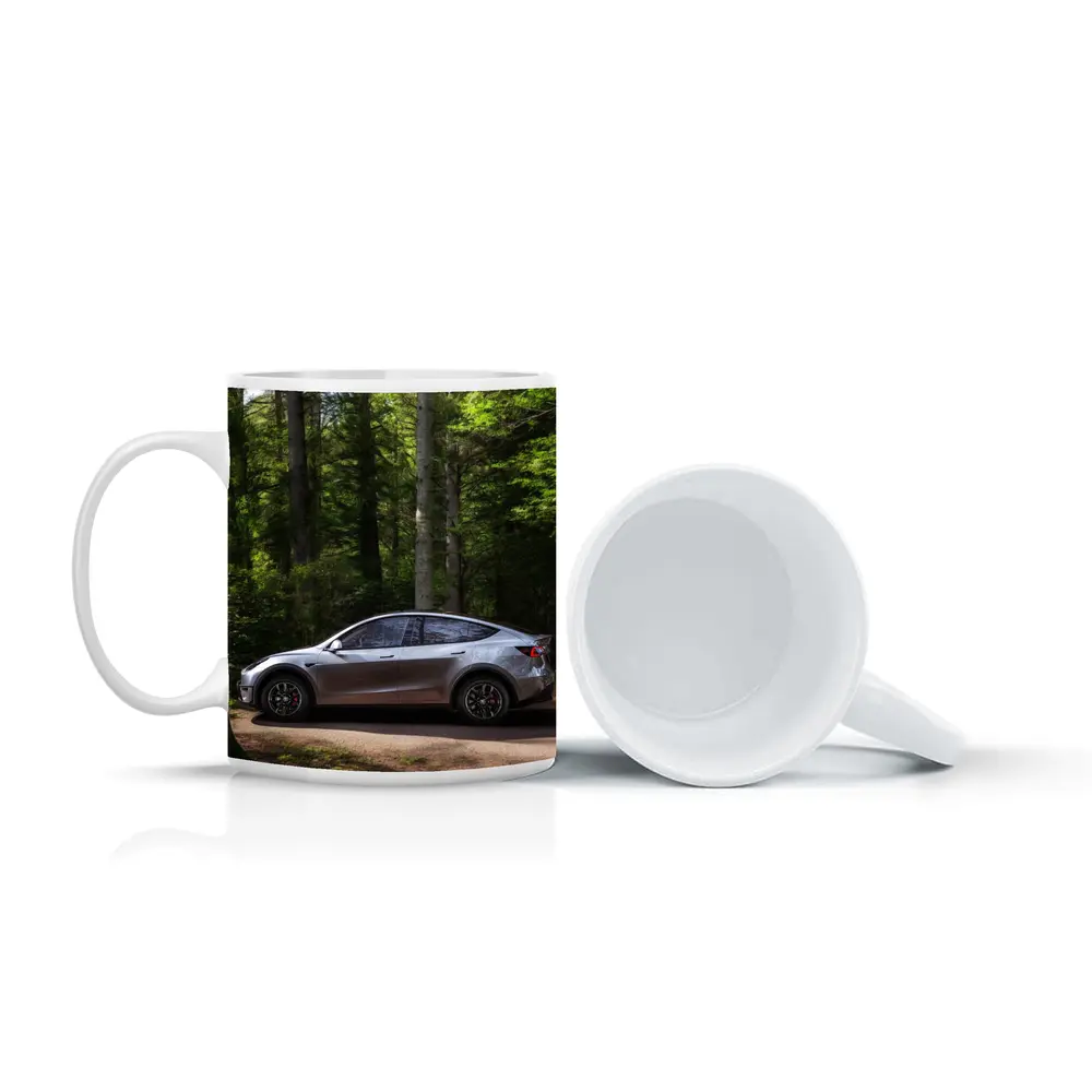 Tesla Model Y Silver Forest Road Side View – Mugs
