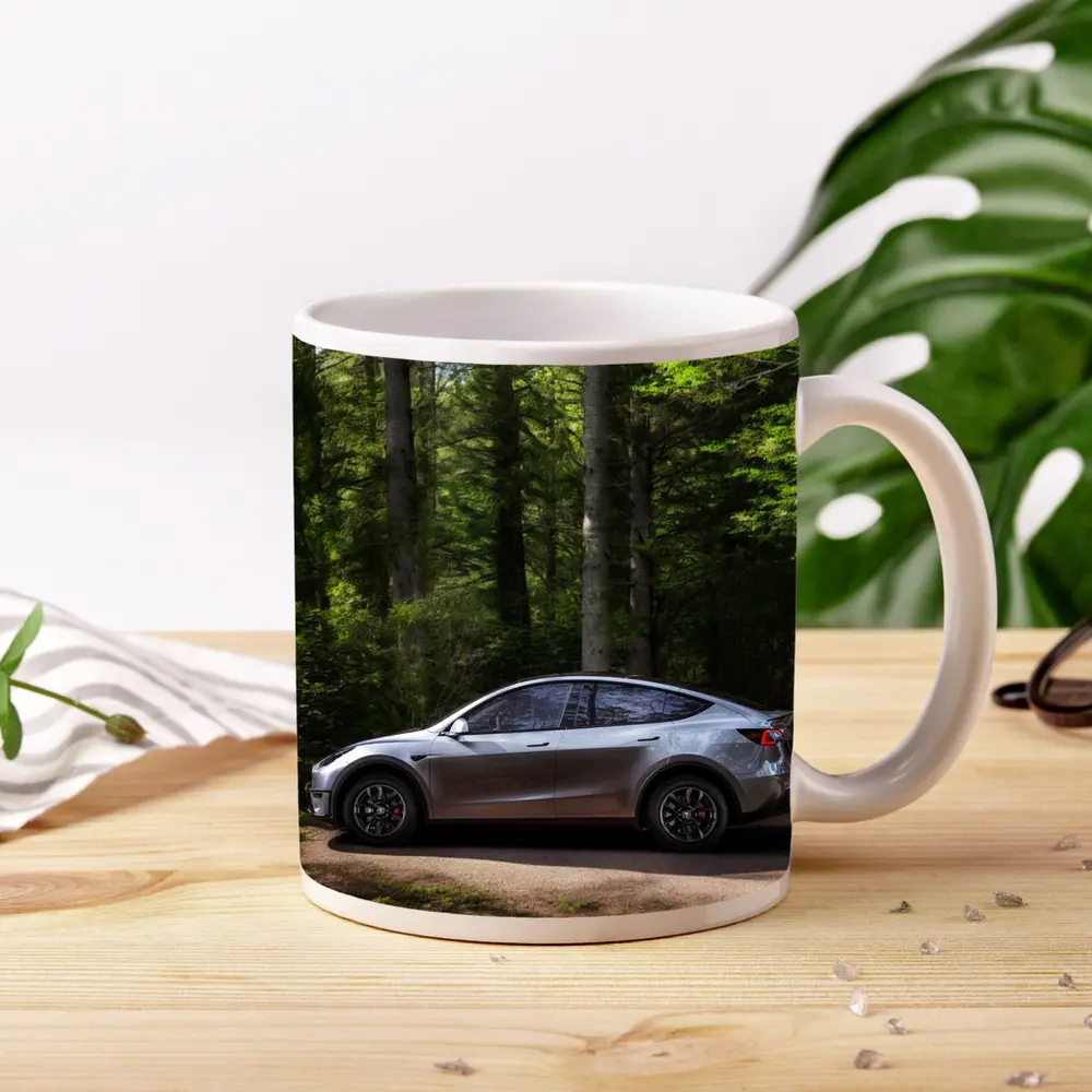 Tesla Model Y Silver Forest Road Side View – Mugs