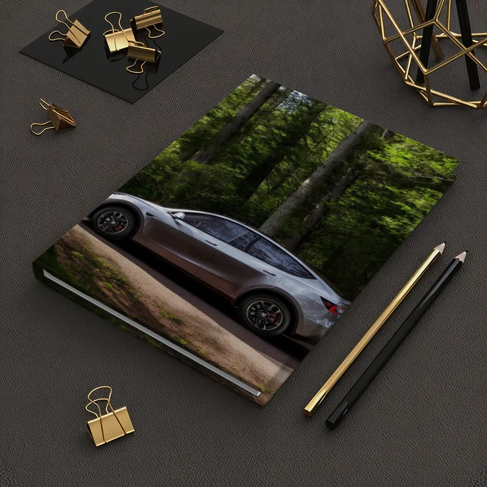 Tesla Model Y Silver Forest Road Side View – Notebooks