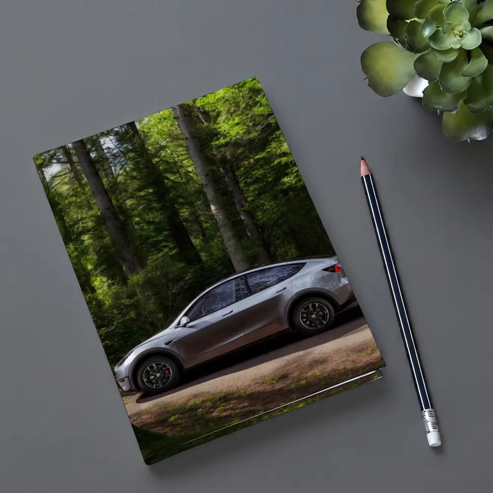 Tesla Model Y Silver Forest Road Side View – Notebooks