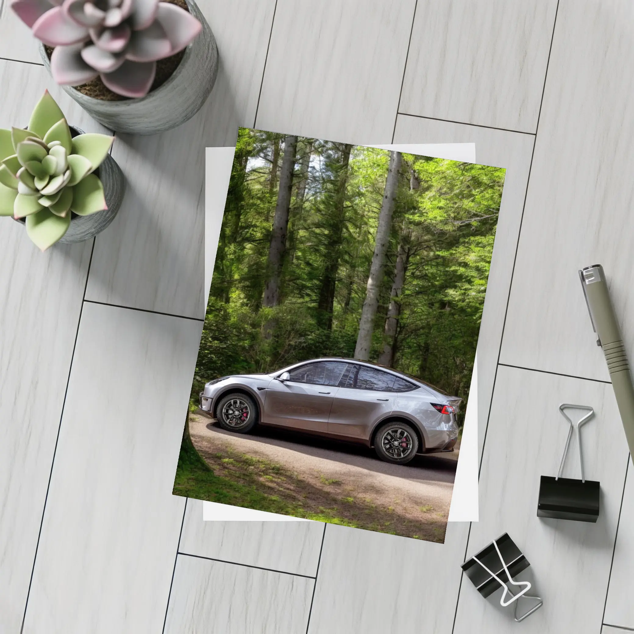 Tesla Model Y Silver Forest Road Side View – Postcards