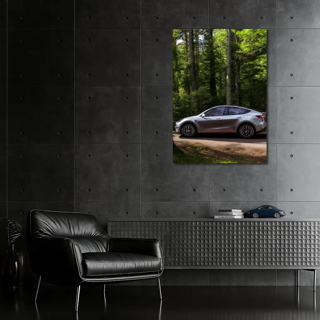Tesla Model Y Silver Forest Road Side View – Wall Art