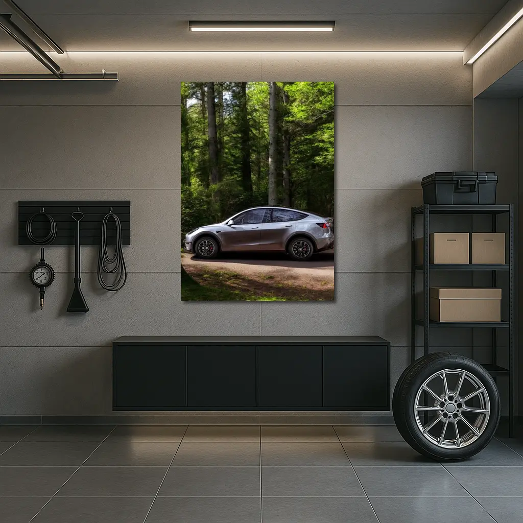 Tesla Model Y Silver Forest Road Side View – Wall Art