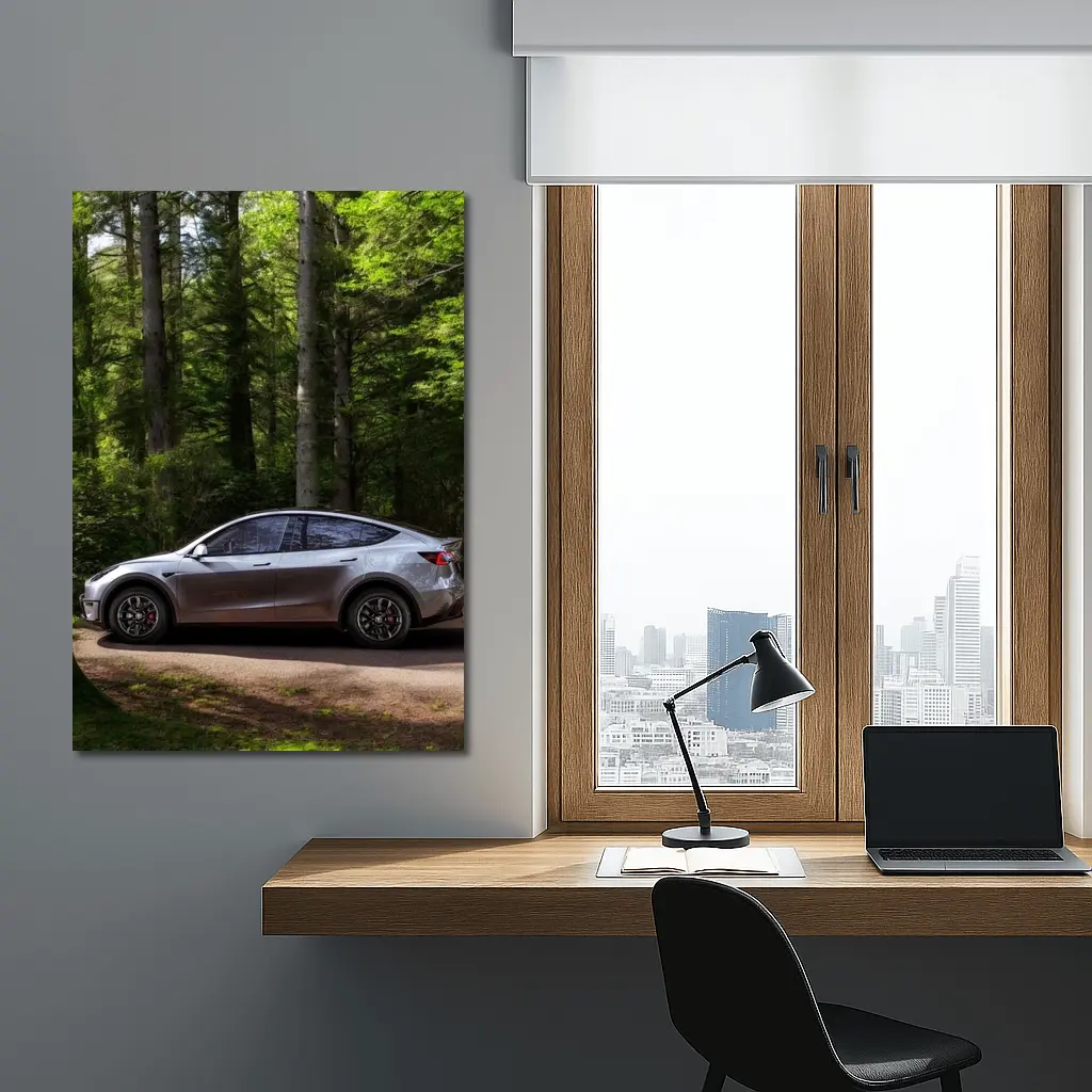 Tesla Model Y Silver Forest Road Side View – Wall Art