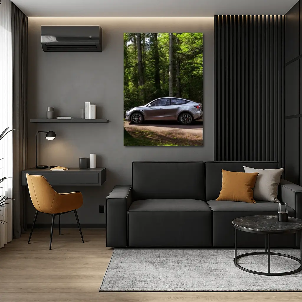 Tesla Model Y Silver Forest Road Side View – Wall Art