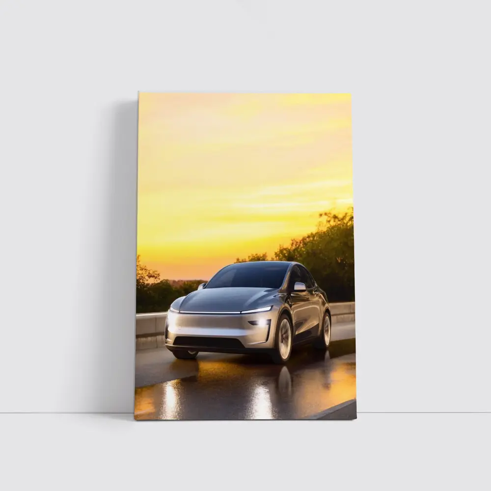 Tesla Model Y Driving at Golden Sunset – Wall Art