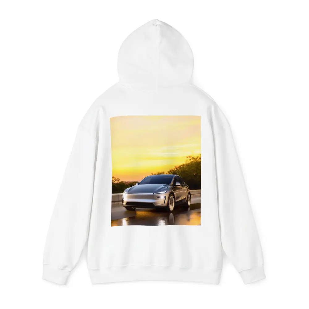 Tesla Model Y Driving at Golden Sunset – Hoodies