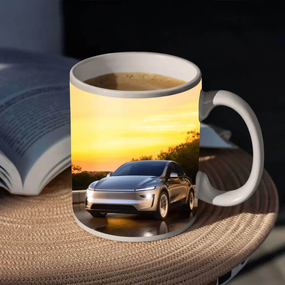 Tesla Model Y Driving at Golden Sunset – Mugs