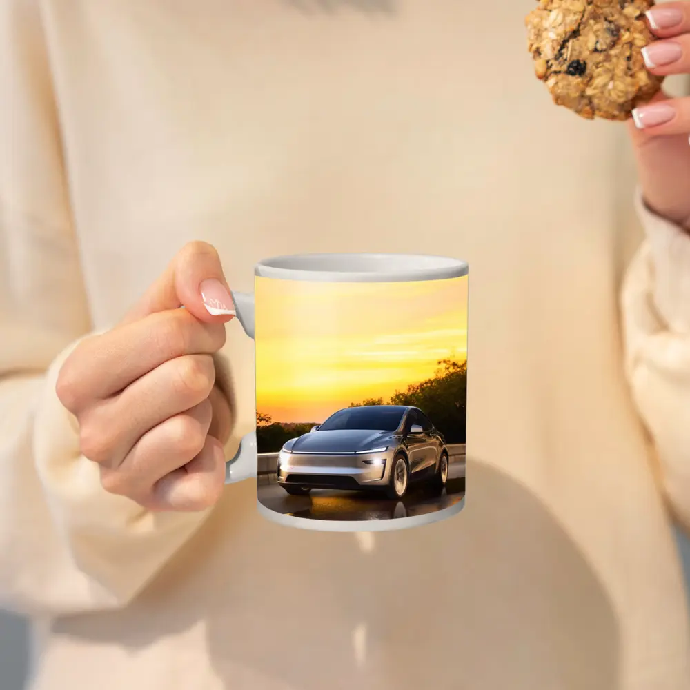Tesla Model Y Driving at Golden Sunset – Mugs