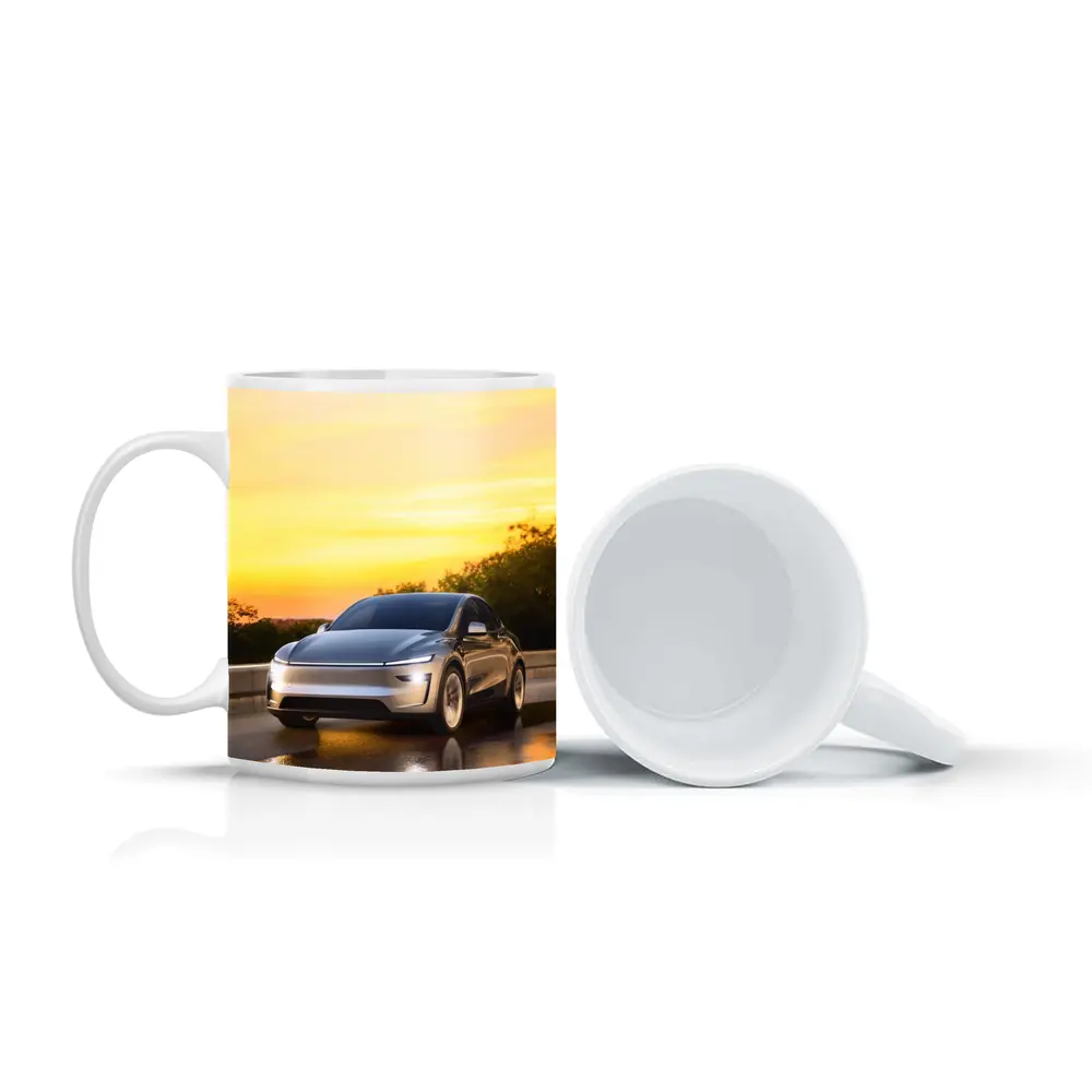 Tesla Model Y Driving at Golden Sunset – Mugs