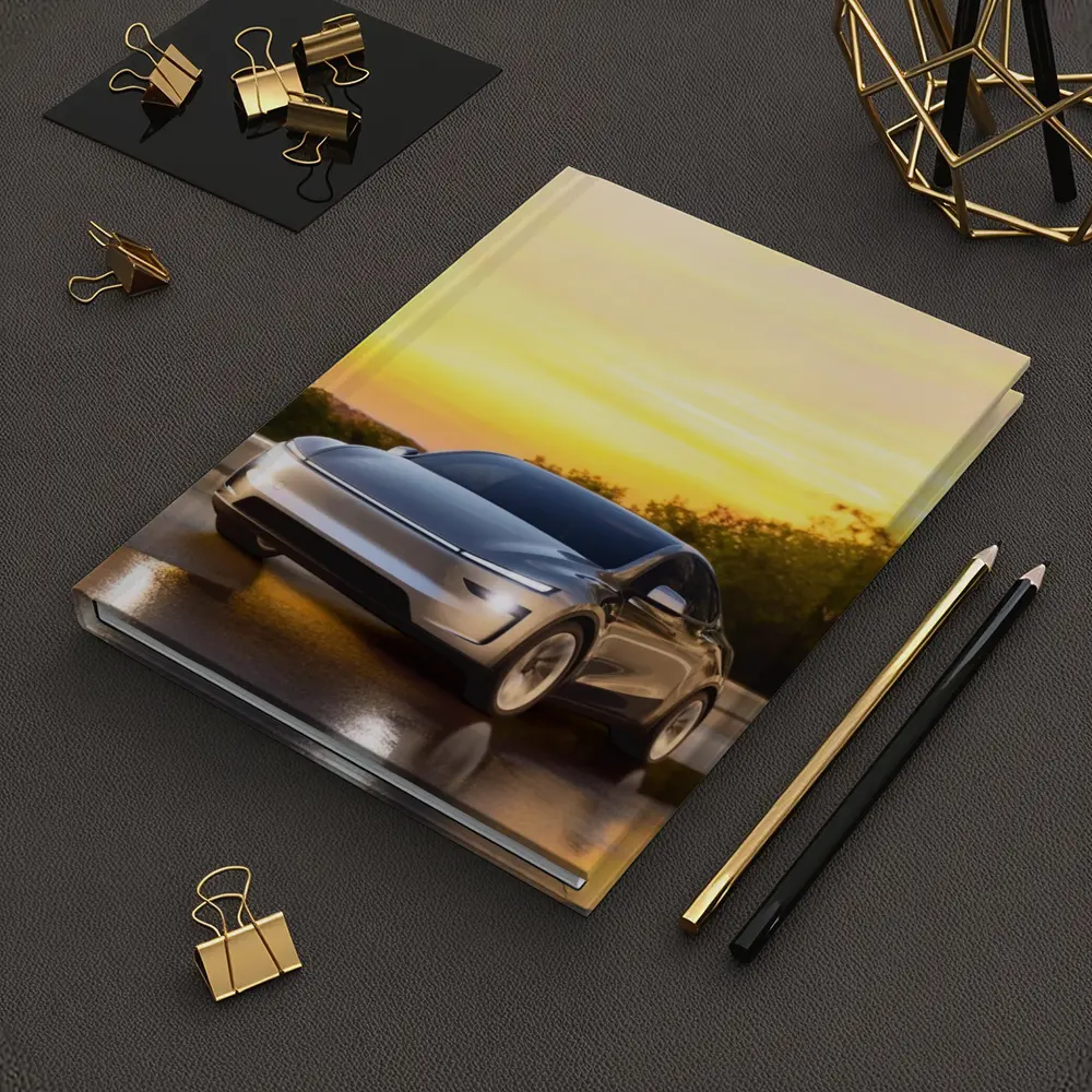 Tesla Model Y Driving at Golden Sunset – Notebooks