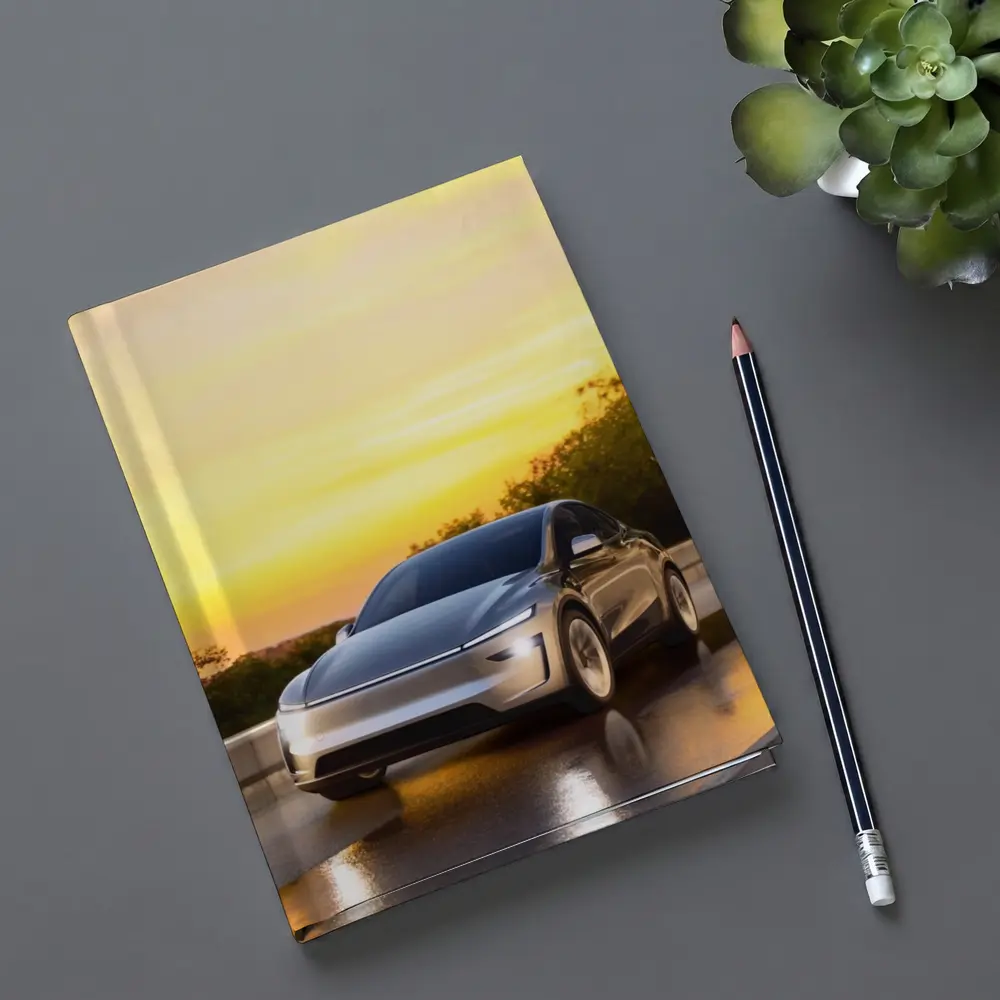 Tesla Model Y Driving at Golden Sunset – Notebooks
