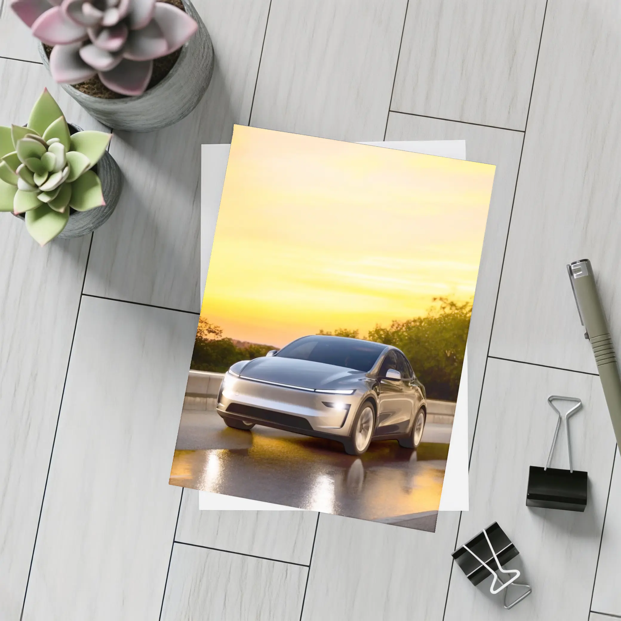 Tesla Model Y Driving at Golden Sunset – Postcards