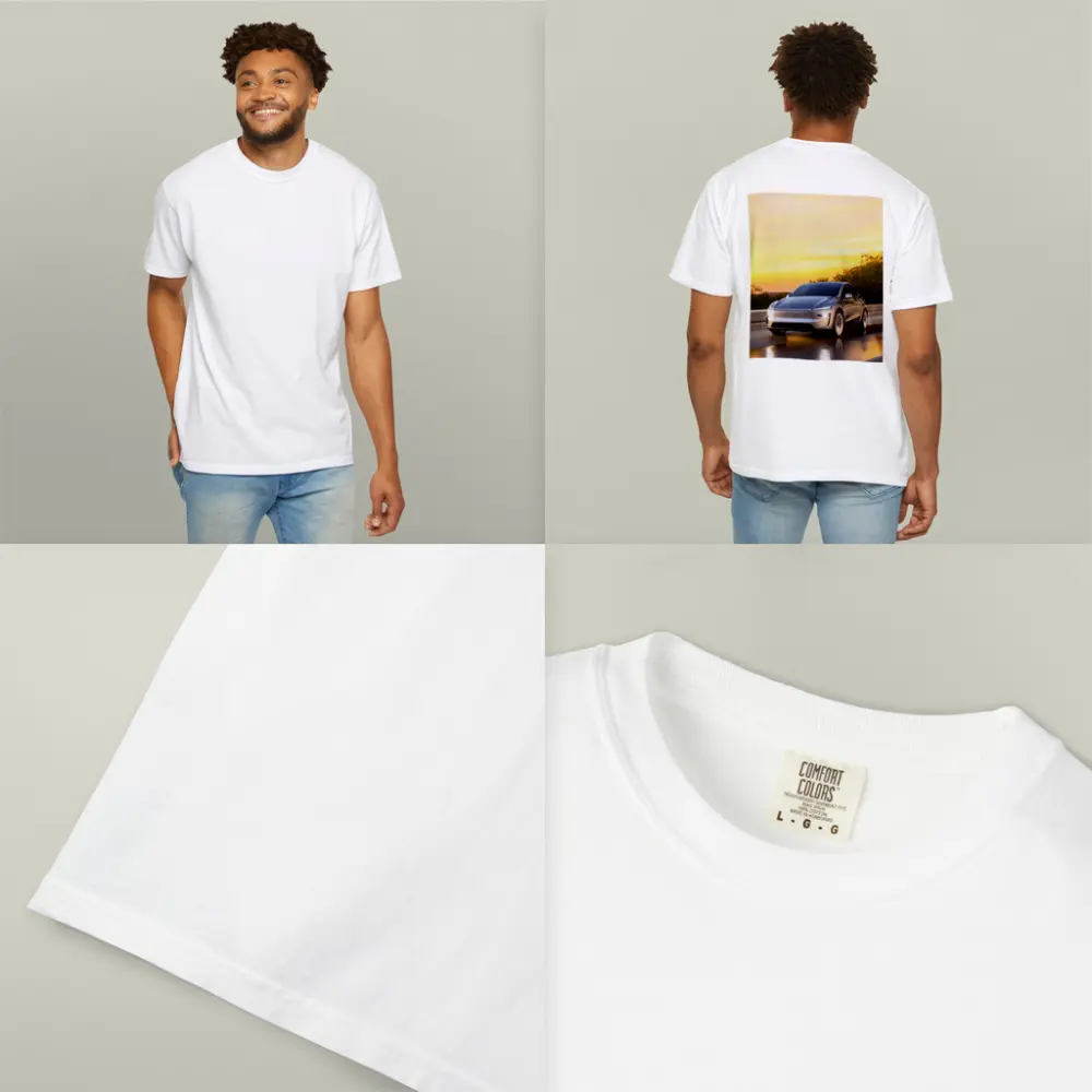 Tesla Model Y Driving at Golden Sunset – T-Shirts