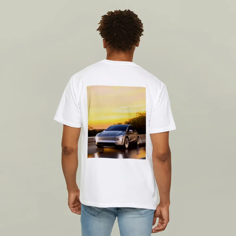 Tesla Model Y Driving at Golden Sunset – T-Shirts