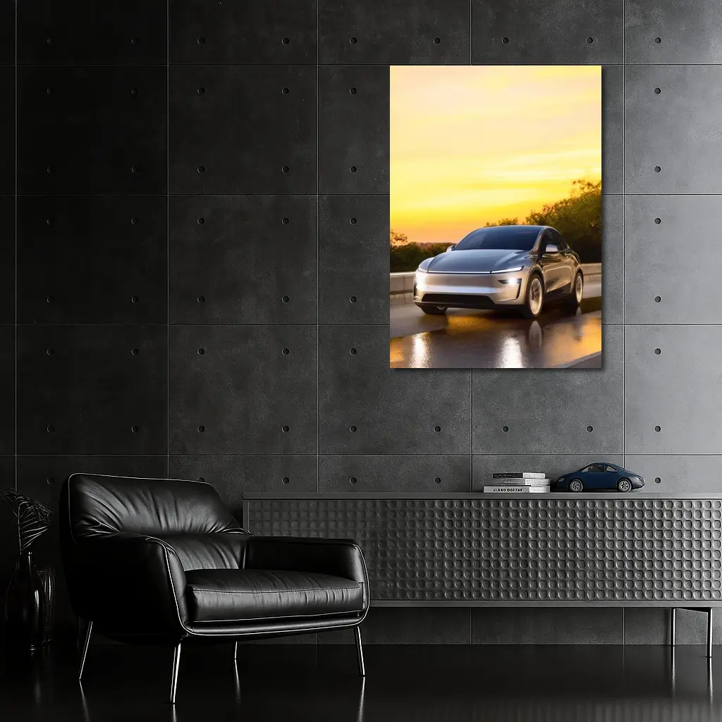 Tesla Model Y Driving at Golden Sunset – Wall Art