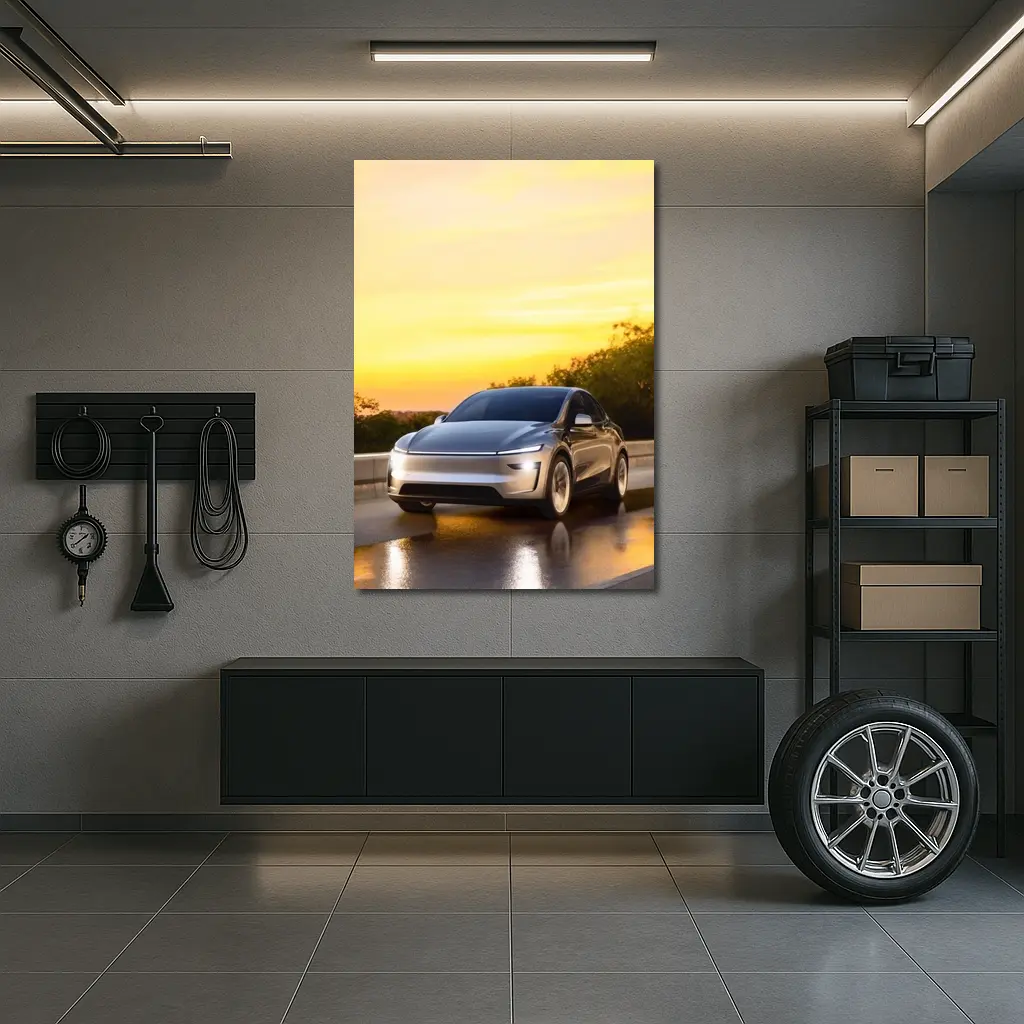 Tesla Model Y Driving at Golden Sunset – Wall Art