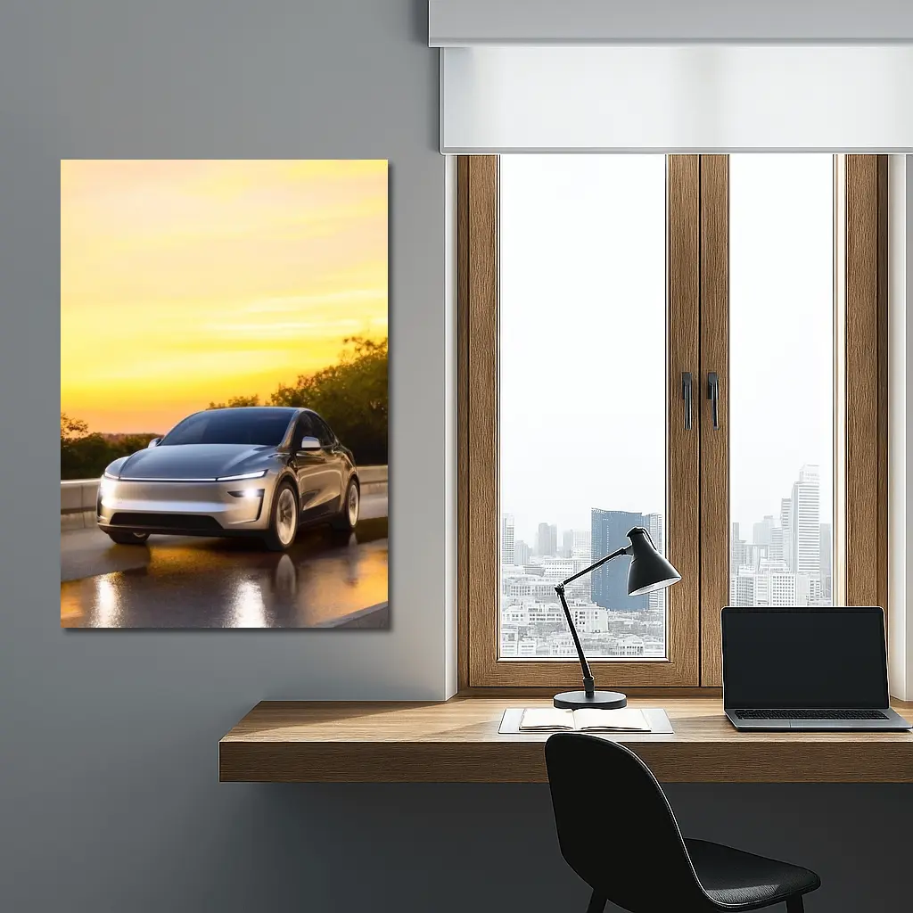 Tesla Model Y Driving at Golden Sunset – Wall Art