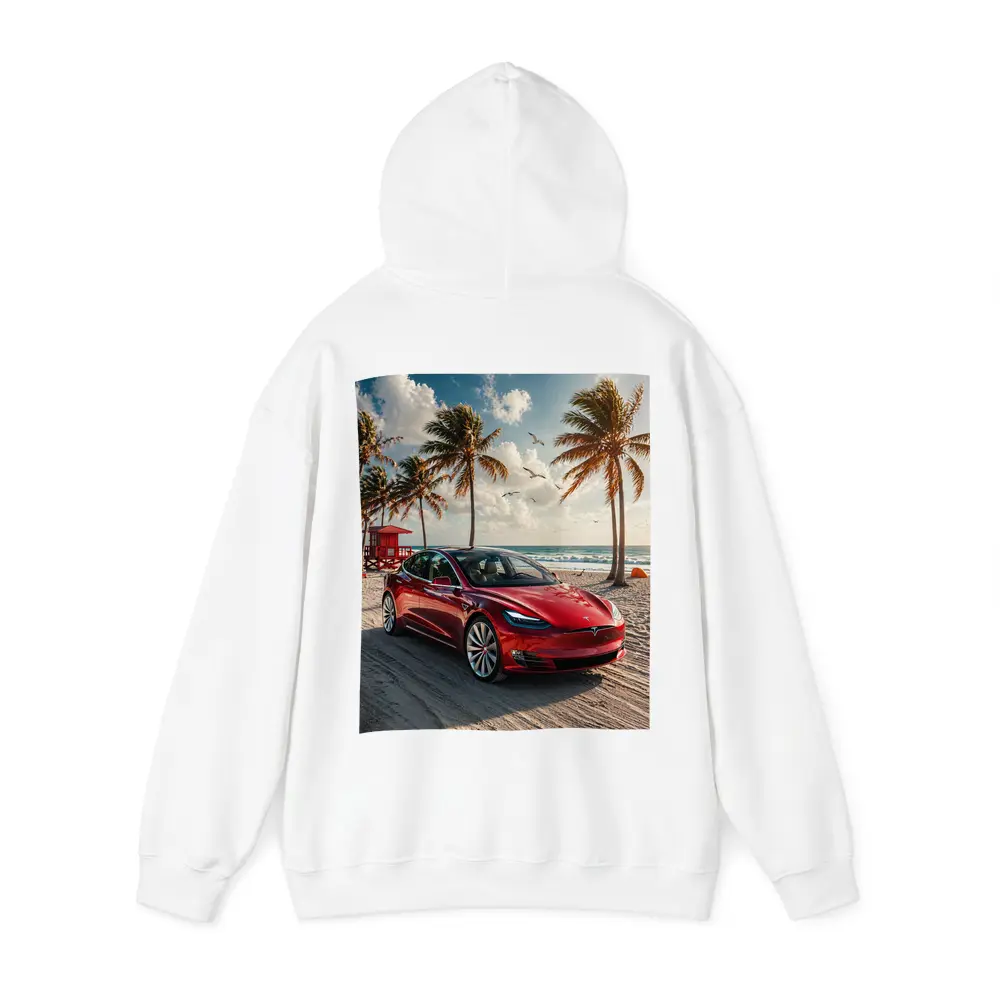 Tesla Model S Red Car Beach Palm Trees – Hoodies