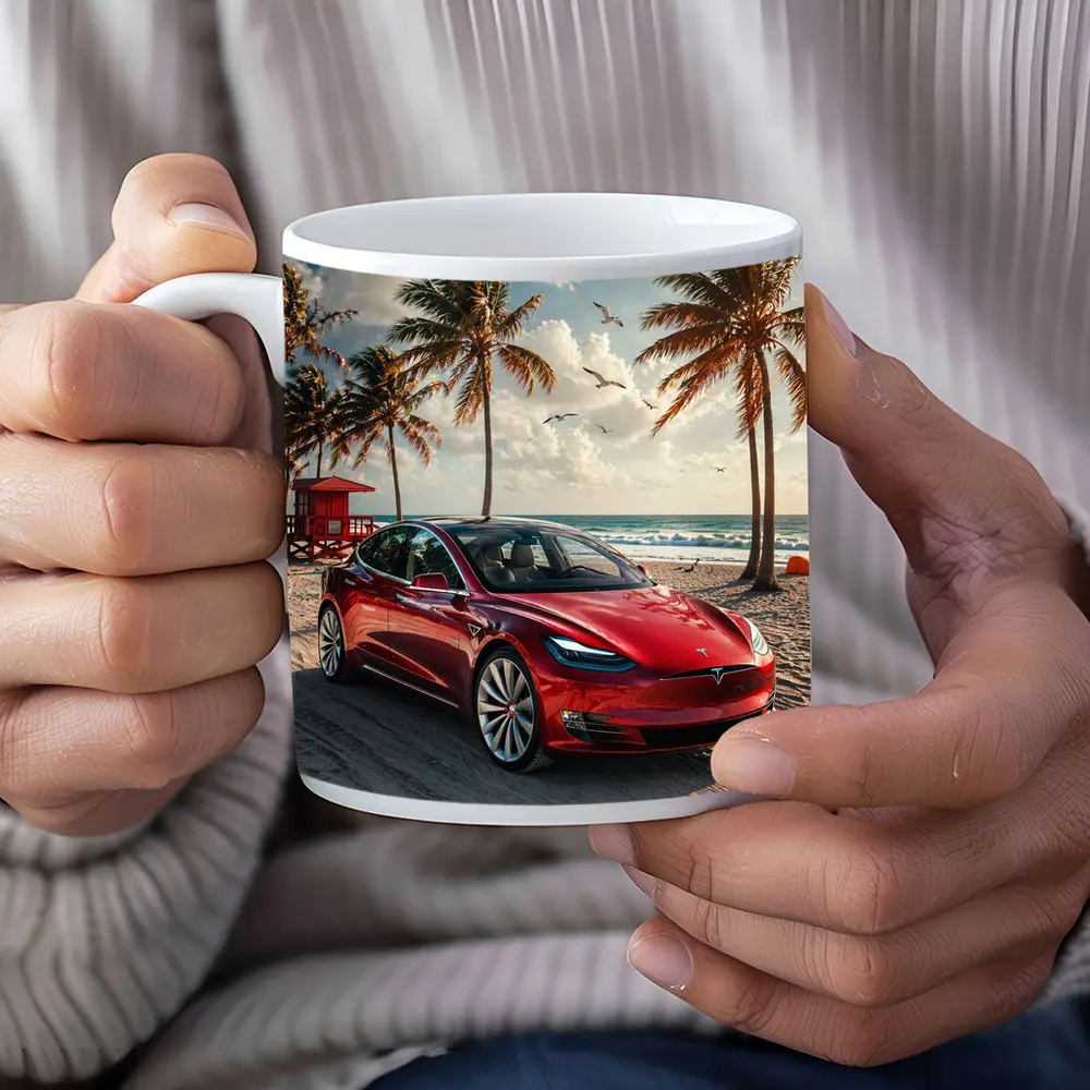 Tesla Model S Red Car Beach Palm Trees – Mugs