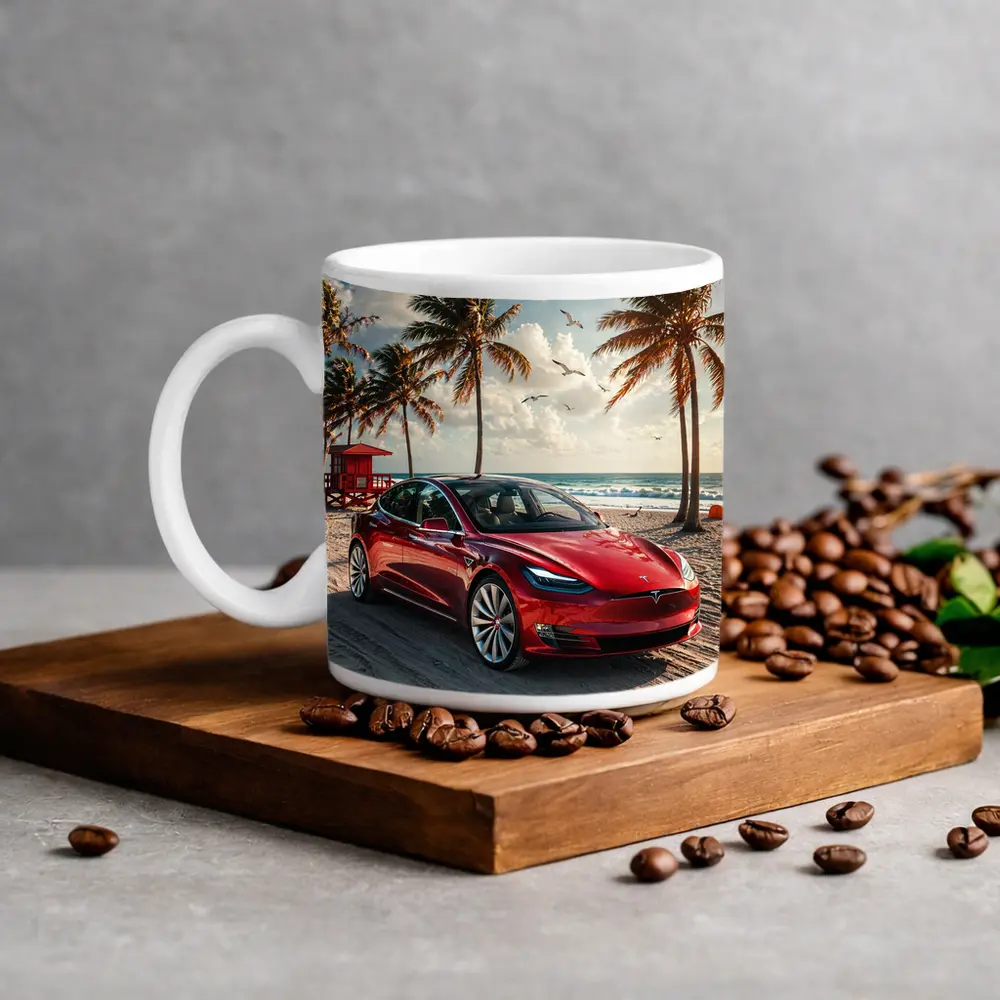 Tesla Model S Red Car Beach Palm Trees – Mugs