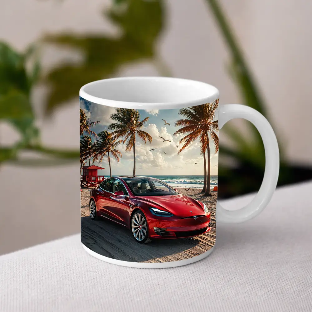 Tesla Model S Red Car Beach Palm Trees – Mugs