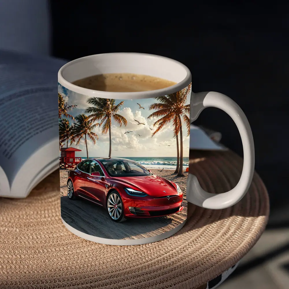 Tesla Model S Red Car Beach Palm Trees – Mugs