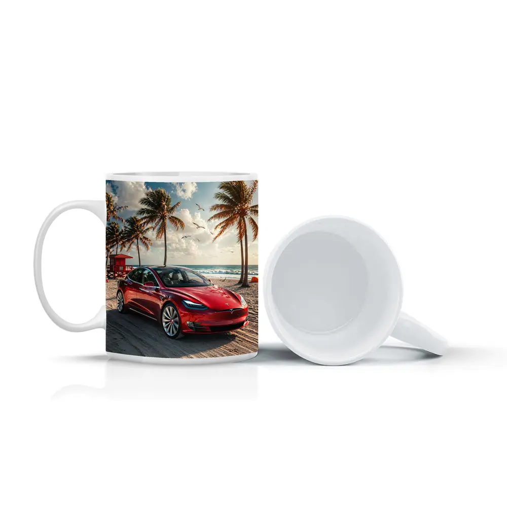 Tesla Model S Red Car Beach Palm Trees – Mugs