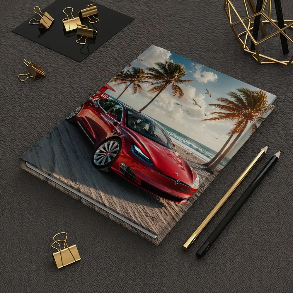 Tesla Model S Red Car Beach Palm Trees – Notebooks