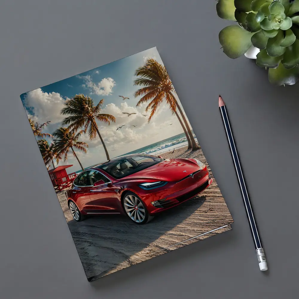 Tesla Model S Red Car Beach Palm Trees – Notebooks