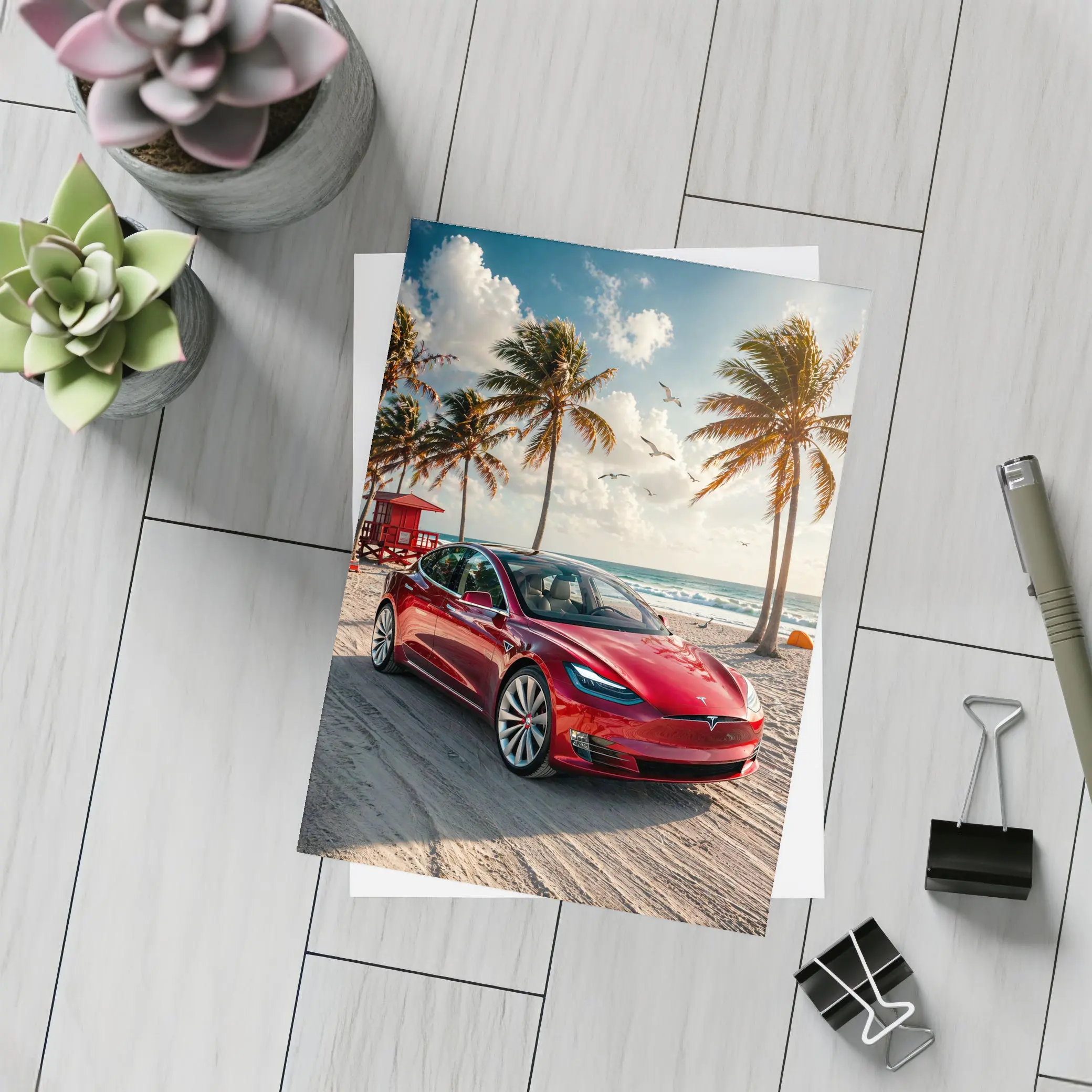 Tesla Model S Red Car Beach Palm Trees – Postcards