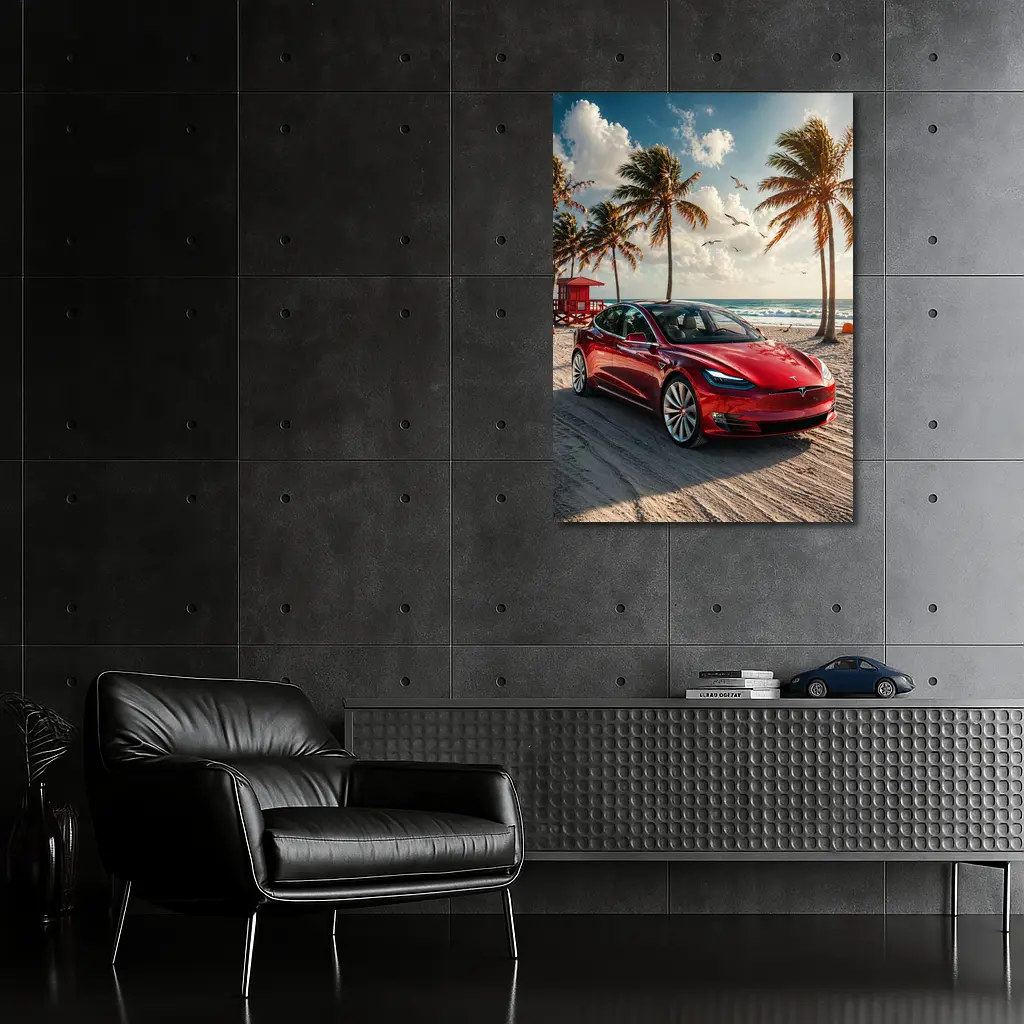 Tesla Model S Red Car Beach Palm Trees – Wall Art