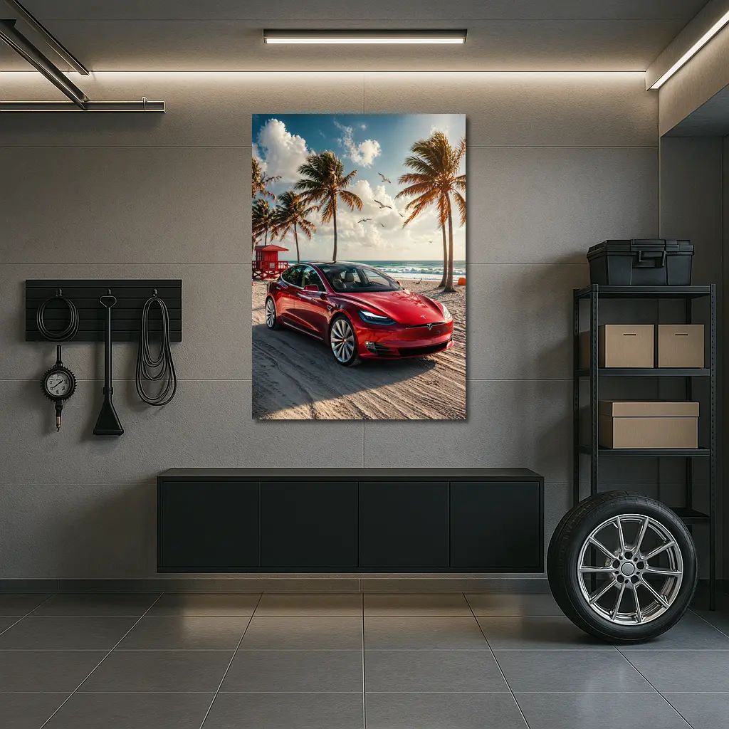 Tesla Model S Red Car Beach Palm Trees – Wall Art