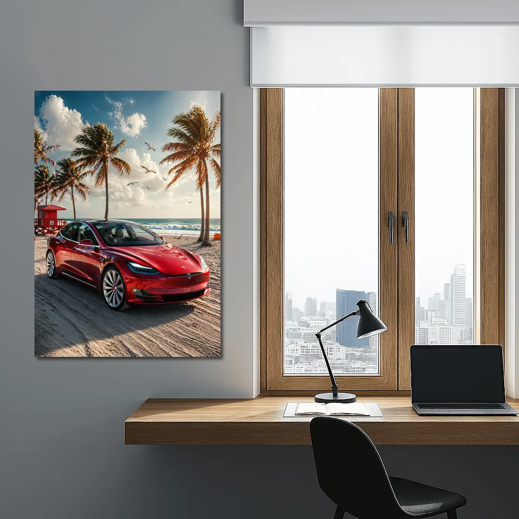 Tesla Model S Red Car Beach Palm Trees – Wall Art
